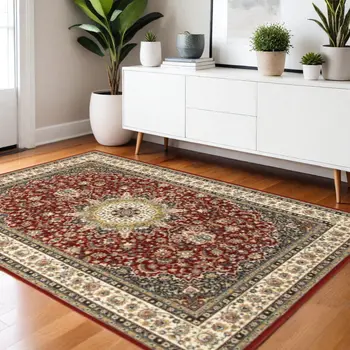 4' X 6' Red And Ivory Floral Medallion Area Rug