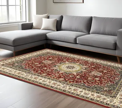 10' X 13' Red And Ivory Floral Medallion Area Rug