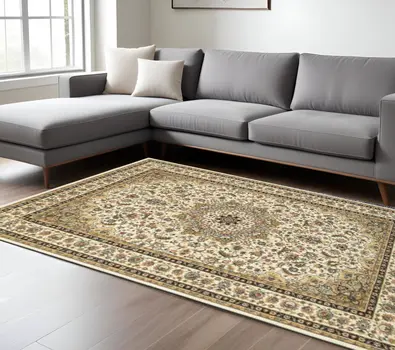 8' X 11' Ivory And Beige Floral Medallion Area Rug