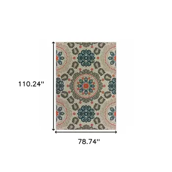 7' X 9' Blue And Gray Damask Indoor Outdoor Area Rug
