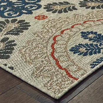 8' X 10' Blue And Gray Damask Indoor Outdoor Area Rug