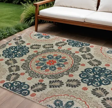 8' X 10' Blue And Gray Damask Indoor Outdoor Area Rug