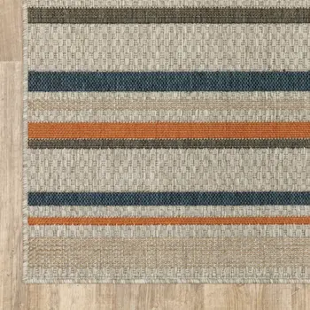 10' X 13' Blue And Gray Striped Indoor Outdoor Area Rug