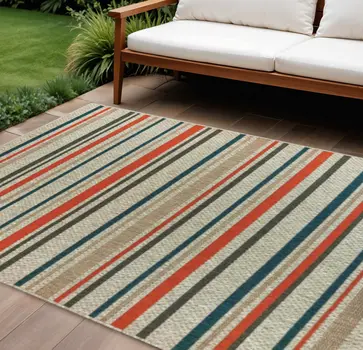 10' X 13' Blue And Gray Striped Indoor Outdoor Area Rug