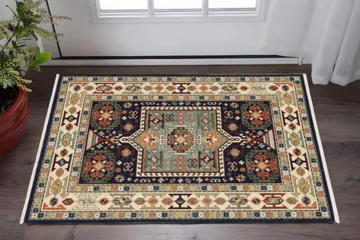 3' X 5' Blue And Ivory Medallion Area Rug