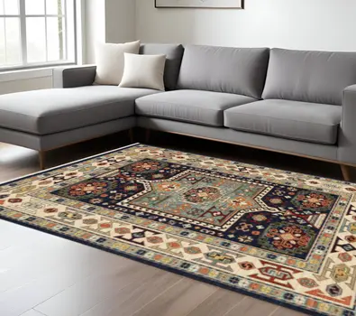 7' X 10' Blue And Ivory Medallion Area Rug