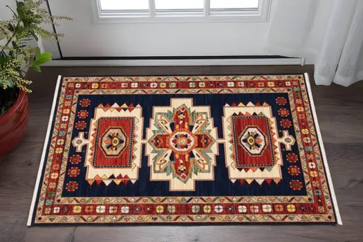 3' X 5' Blue And Red Medallion Area Rug
