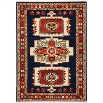 5' X 8' Blue And Red Medallion Area Rug