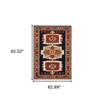 5' X 8' Blue And Red Medallion Area Rug