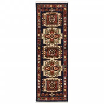 6' Blue And Red Wool Handmade Runner Rug
