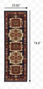 6' Blue And Red Wool Handmade Runner Rug