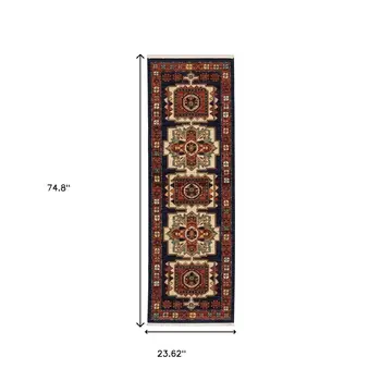 6' Blue And Red Wool Handmade Runner Rug