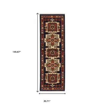12' Blue And Red Wool Handmade Runner Rug
