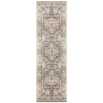 8' Grey Blue Machine Woven Medallion Indoor Runner Rug