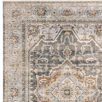 8' Grey Blue Machine Woven Medallion Indoor Runner Rug