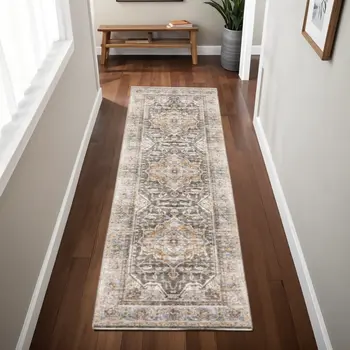 8' Grey Blue Machine Woven Medallion Indoor Runner Rug