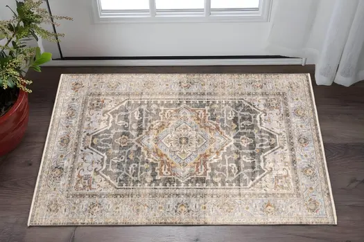 3' X 5' Gray And Blue Medallion Distressed Area Rug