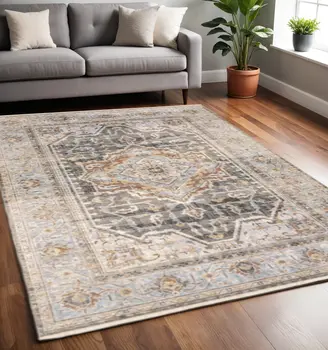 5' X 8' Gray And Blue Medallion Distressed Area Rug