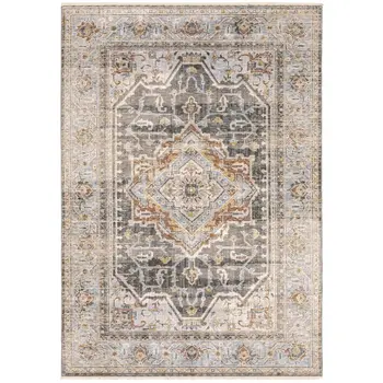 8' X 11' Gray And Blue Medallion Distressed Area Rug