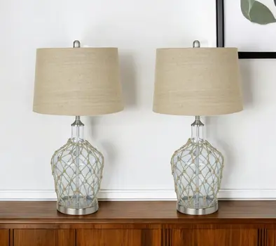 Set of Two 28" Light Blue And Silver Glass And Metal Coastal Table Lamps