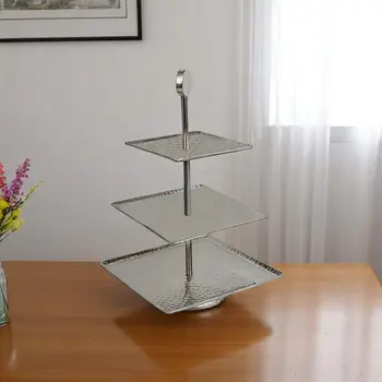 14" Silver Square Stainless Steel Hammered Three Tier Tray