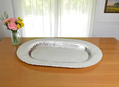 13" Silver Oval Stainless Steel Hammered Serving Tray
