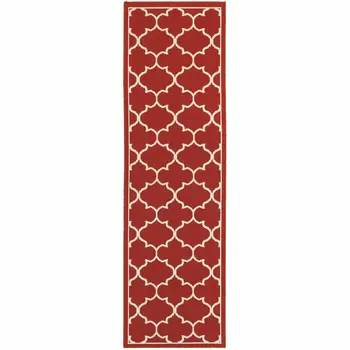 8' Red And Ivory Indoor Outdoor Runner Rug