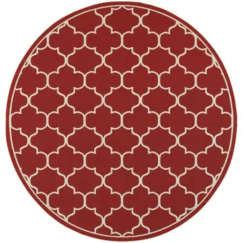 8' X 8' Red And Ivory Round Indoor Outdoor Area Rug
