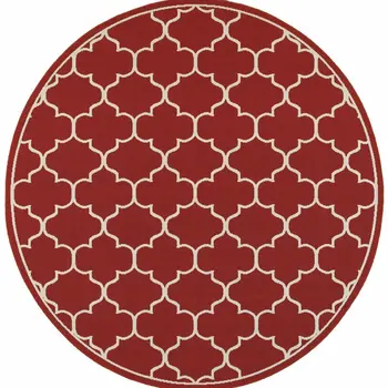 8' X 8' Red And Ivory Round Indoor Outdoor Area Rug