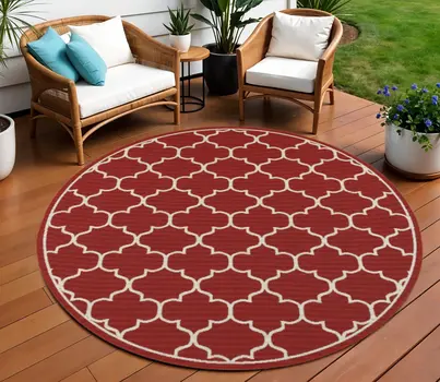 8' X 8' Red And Ivory Round Indoor Outdoor Area Rug