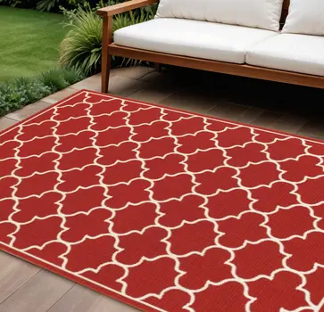 8' X 13' Red And Ivory Indoor Outdoor Area Rug