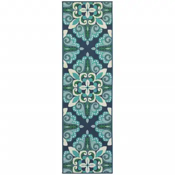 2' X 8' Blue and Green Indoor Outdoor Area Rug