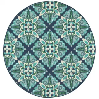 8' X 8' Blue And Green Round Indoor Outdoor Area Rug