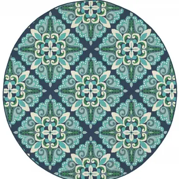 8' X 8' Blue And Green Round Indoor Outdoor Area Rug