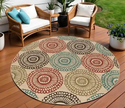 8' X 8' Beige Round Indoor Outdoor Area Rug