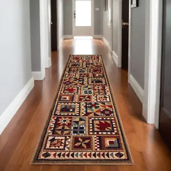 2' X 8' Brown And Red Ikat Patchwork Runner Rug