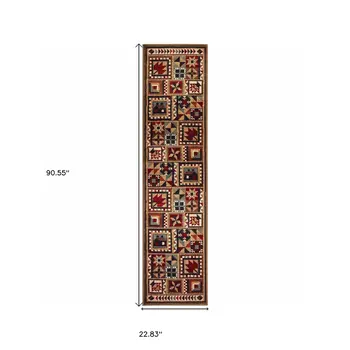 2' X 8' Brown And Red Ikat Patchwork Runner Rug