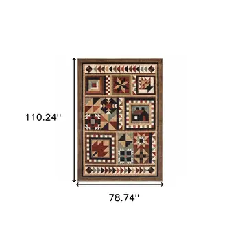 7' X 9' Brown And Red Ikat Patchwork Area Rug