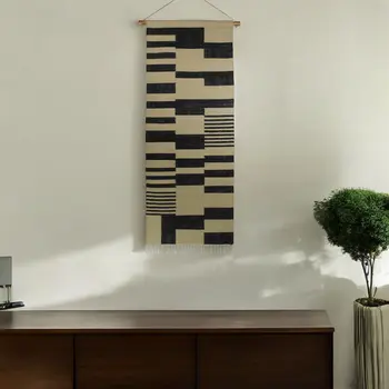73" X 29" Beige And Black Abstract Geometric Jute Hanging Tapestry