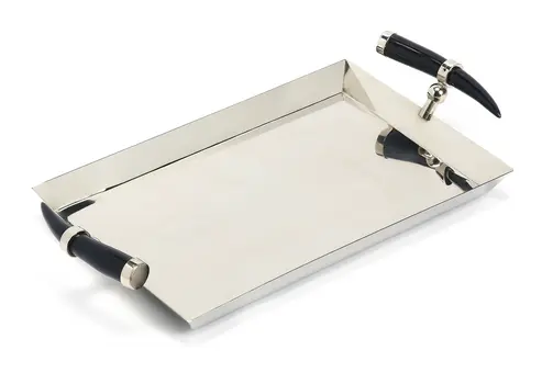 19" Silver Stainless Steel Serving Tray With Horn Handles