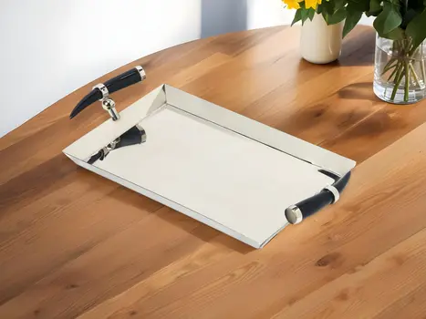 19" Silver Stainless Steel Serving Tray With Horn Handles