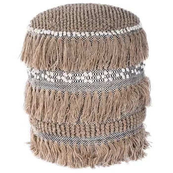 18" Beige Wool And Cotton Round Pouf Ottoman