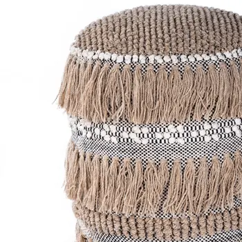 18" Beige Wool And Cotton Round Pouf Ottoman