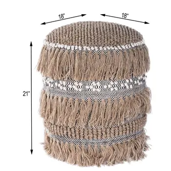 18" Beige Wool And Cotton Round Pouf Ottoman