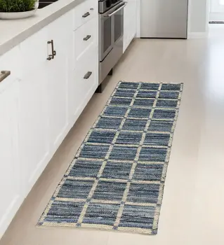 3' X 8' Blue And Gray Grid Runner Rug