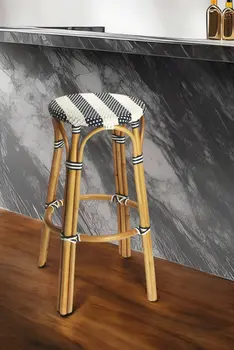 30" Blue and White and Natural Heavy Duty Rattan Backless Bar Height Bar Chair