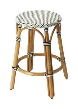 24" Black and White and Natural Heavy Duty Plastic and Rattan Backless Counter Height Bar Chair