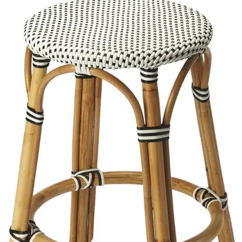 24" Black and White and Natural Heavy Duty Plastic and Rattan Backless Counter Height Bar Chair