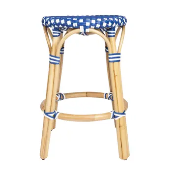 24" Blue and White and Wood Brown Heavy Duty Rattan Backless Counter Height Bar Chair