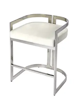28" White and Silver Stainless Steel and Iron Low Back Counter Height Bar Chair